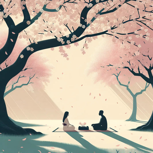 Ein minimalistischer Park in Japan mit einigen Kirschblütenbäumen und zwei Menschen, die unter dem rosa Blütendach Hanami genießen.