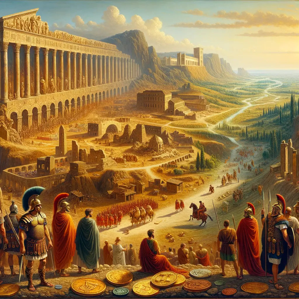 A cinematic painting showing the Gallic Empire's expanse over Gaul, Britain, and Spain, with military figures and Roman influence, in 1960s epic style.