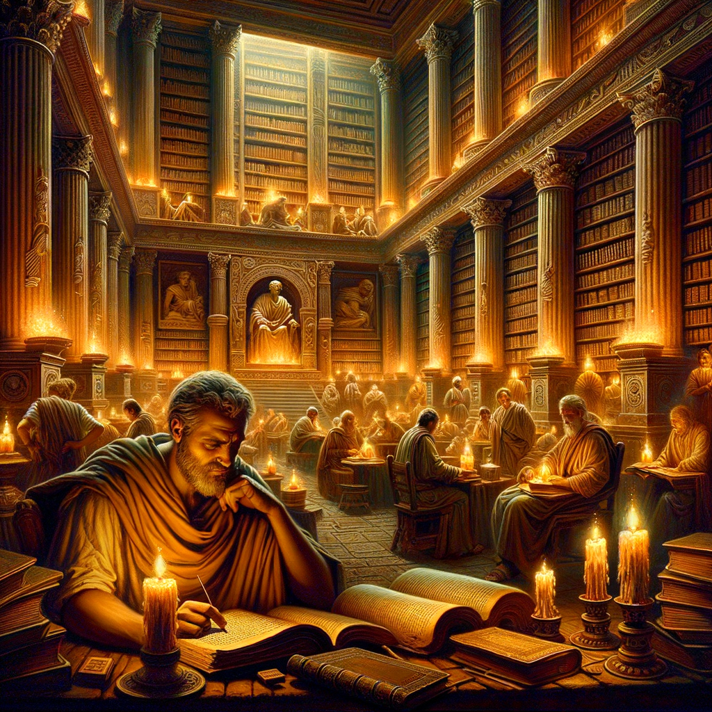 A Roman philosopher in an ancient library filled with leather-bound books, under dim torchlight, evoking the 1960s historical film style.