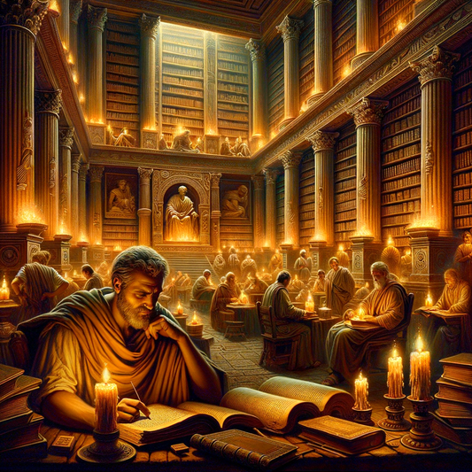 A Roman philosopher in an ancient library filled with leather-bound books, under dim torchlight, evoking the 1960s historical film style.