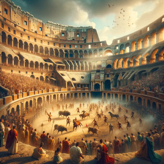 Vibrant scene at the Roman Colosseum with spectators watching gladiators and exotic animals, inspired by 1960s historical epics, showcasing the grandeur of ancient Roman entertainment.