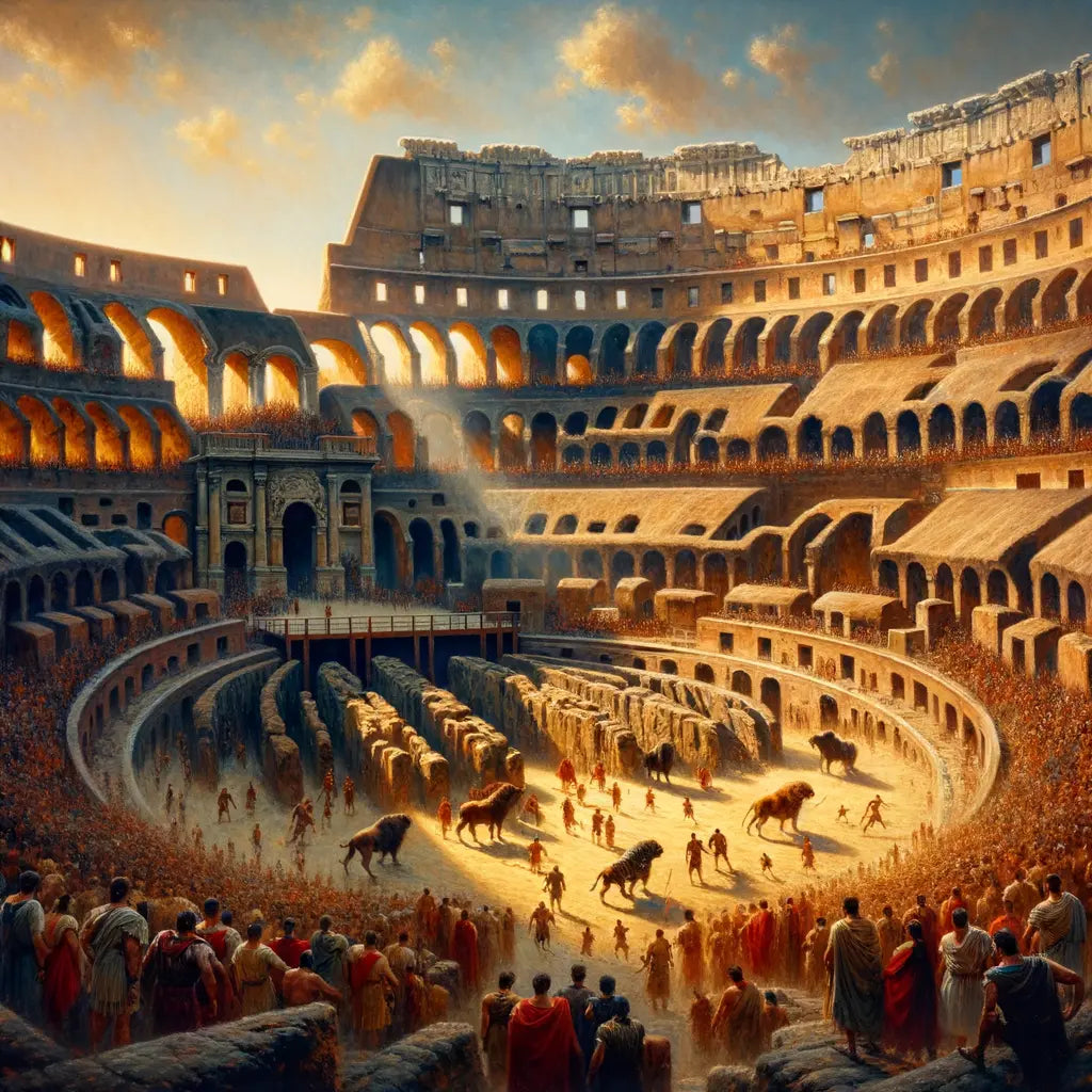 Artistic depiction of a lively ancient Roman Colosseum, filled with an audience watching thrilling games with wild animals, inspired by classic 1960s historical films.