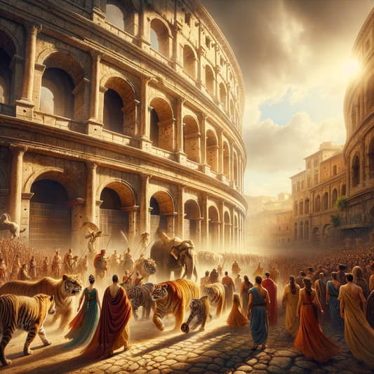 The Roman Colosseum bustling with crowds and exotic animals, capturing the grandeur and anticipation of ancient games in a style reminiscent of 1960s historical epics.