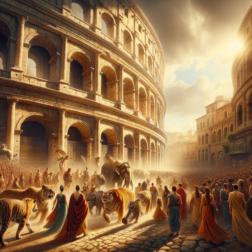 The Roman Colosseum bustling with crowds and exotic animals, capturing the grandeur and anticipation of ancient games in a style reminiscent of 1960s historical epics.