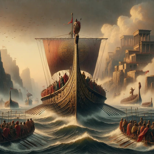 Roman galley with soldiers in red cloaks navigating misty Mediterranean waters, styled like 1960s historical films.