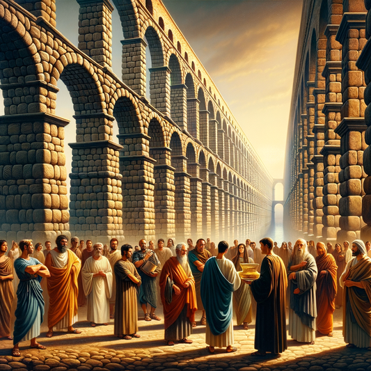 Panoramic view of the Aqua Virgo aqueduct with Roman citizens admiring it, alongside gold-toned jewelry inspired by the aqueduct's architectural beauty, styled after 1960s historical epic films.