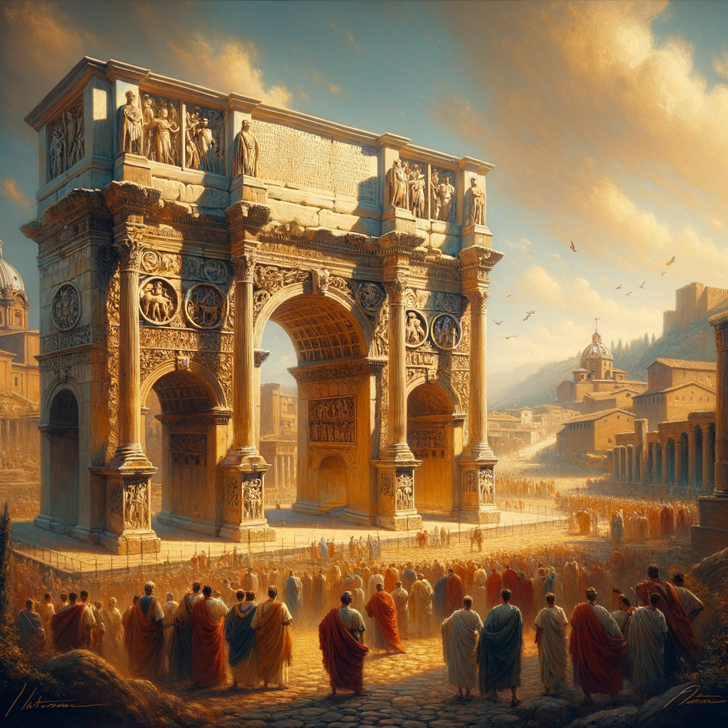 Artistic scene of the Arch of Marcus Aurelius with Roman symbols in ancient Rome, inspired by 1960s epic films.