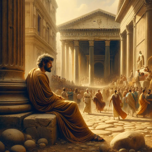 A Roman philosopher sitting serenely amidst a bustling crowd in the forum, embodying the Stoic ideal of tranquility, in a style reminiscent of 1960s historical epics.