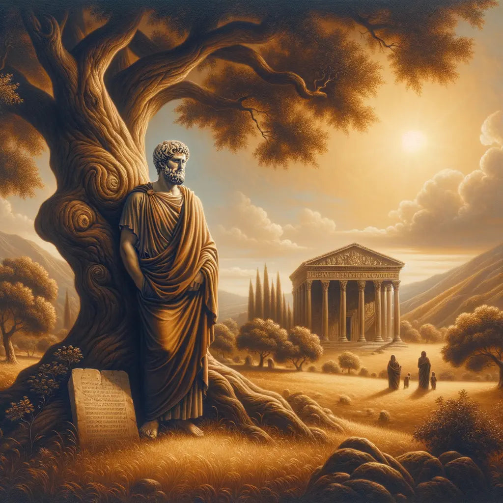 Stoic philosopher standing calmly under a tree, exuding resilience and control, set in an idealized Roman countryside, in the style of 1960s historical films.