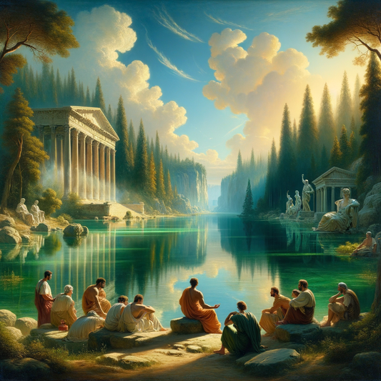 Serene lake reflecting sky with Roman philosophers, inspired by Stoic philosophy in 1960s epic film style.