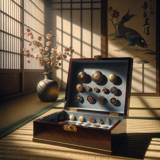 Eine minimalistische Darstellung eines geöffneten japanischen Schmuckkästchens auf Tatami-Matte, mit zarten Emaille-Pins und Metalljuwelen, unter sanftem Licht durch Shoji-Papier.