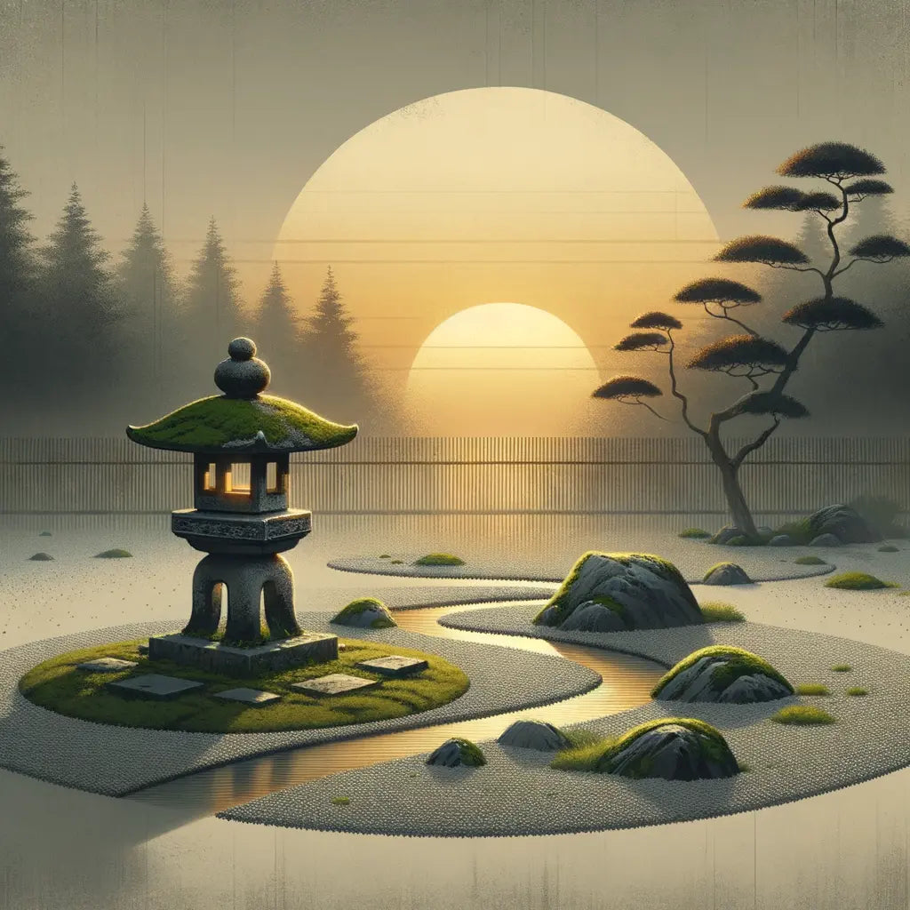 Ein ruhiger Zen-Garten bei Sonnenuntergang mit einem moosbedeckten Steinlaternen und einem sanft fließenden Wasser - minimalistisch und kulturell inspiriert.