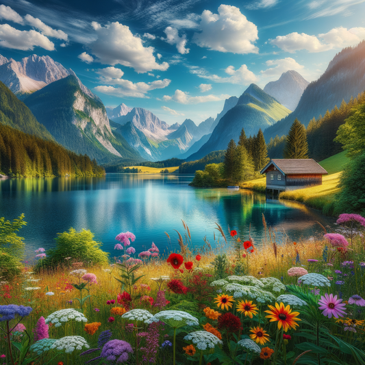A beautiful lake with mountains in the background and colorful wildflowers in front.