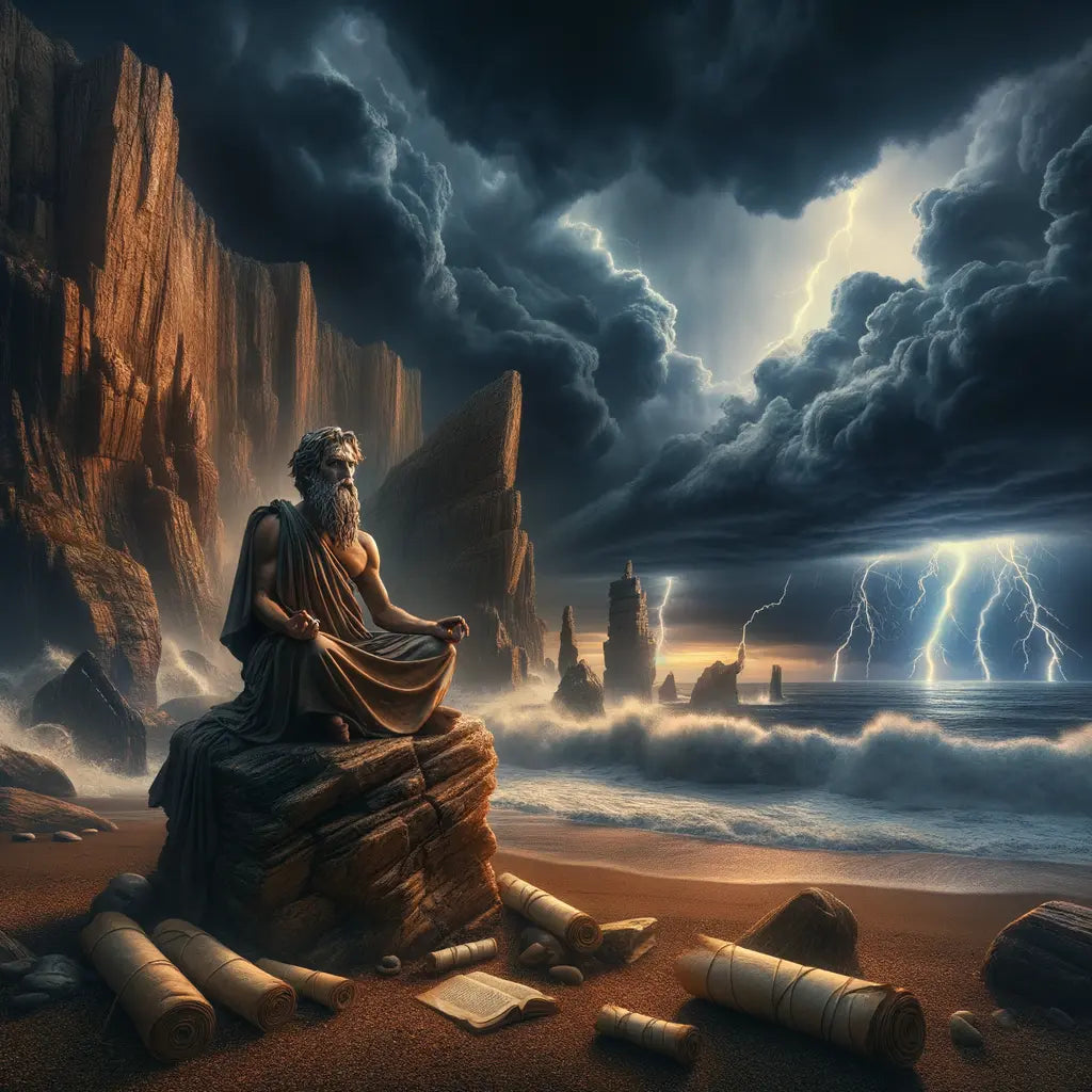A serene Greek philosopher meditates amid a stormy sea on a rocky cliff, embodying Stoic peace in a cinematic style reminiscent of 1960s historical films.