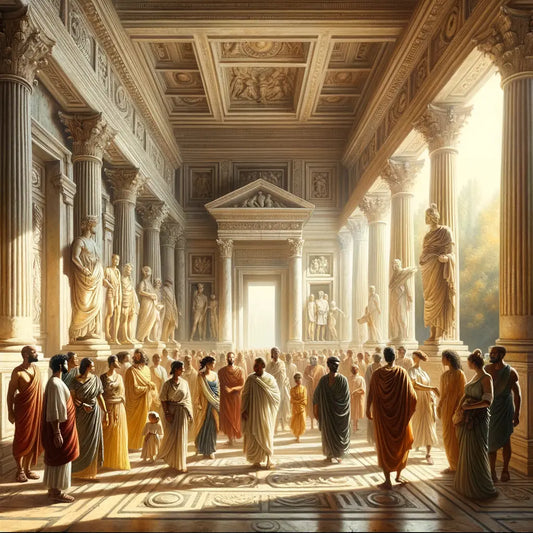 Figures in traditional Roman tunics and stolas, posed elegantly in front of ancient marble columns, evoking a 1960s historical film style.