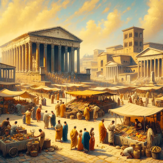 Bustling ancient Roman marketplace with citizens in tunics and togas, set against majestic temples, reminiscent of 1960s historical epic films.