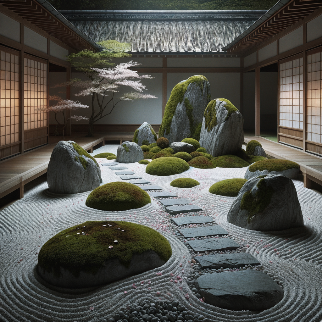 Minimalistischer japanischer Zen-Garten mit geharktem Kies und Moossteinen, umgeben von traditionellen Holzstrukturen bei sanftem Licht.