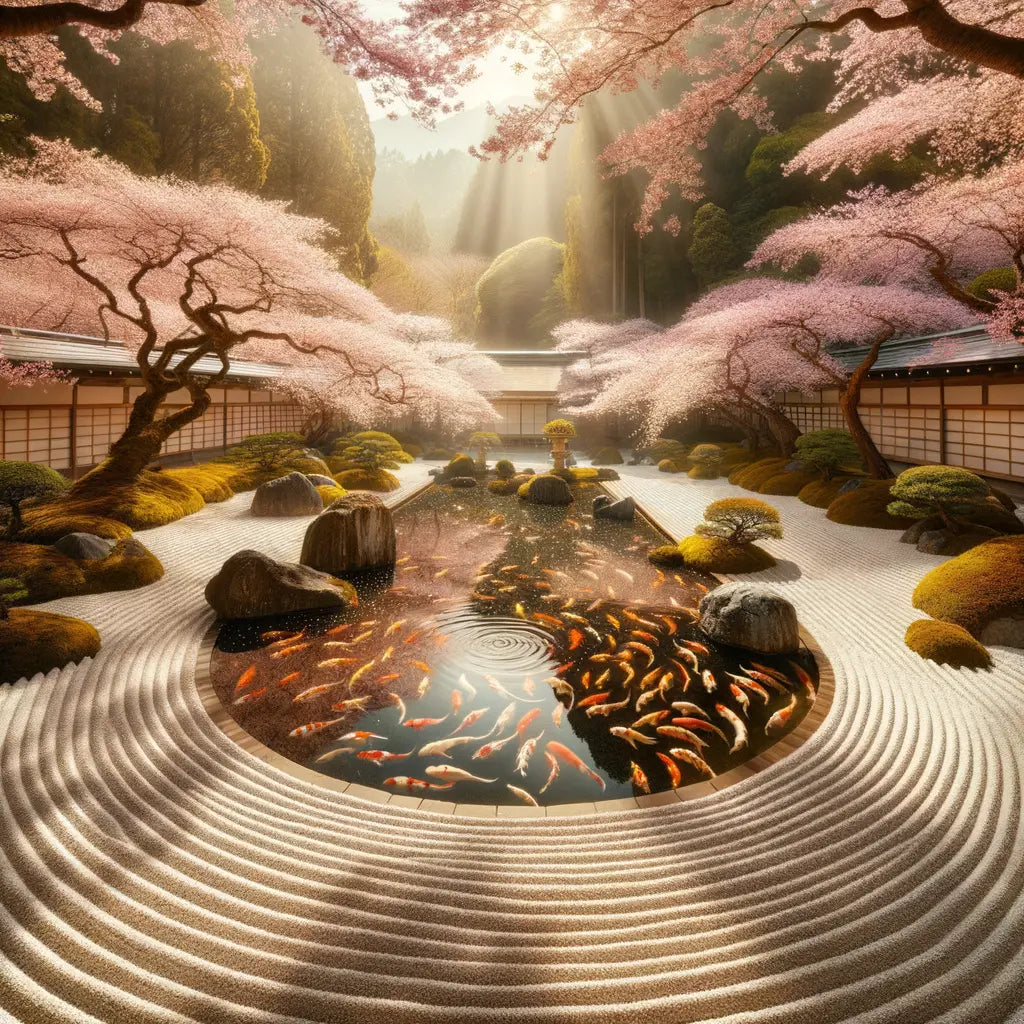 A peaceful traditional Japanese Zen garden with cherry blossoms.