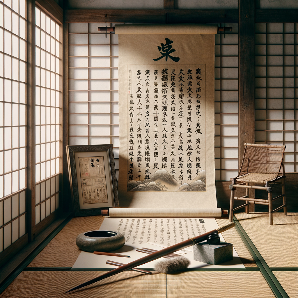 Ein traditioneller japanischer Raum mit Tatami-Matte, Bambus-Schriftrolle und dezenter Anspielung auf ein 'Hunter's License'. Minimalistisch und ruhig.