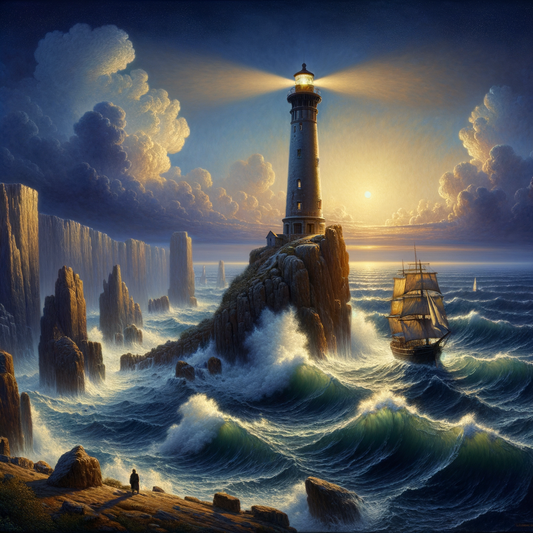 A lighthouse guiding a ship through a stormy twilight sea, symbolizing calm amid chaos, in a cinematic 1960s epic style.