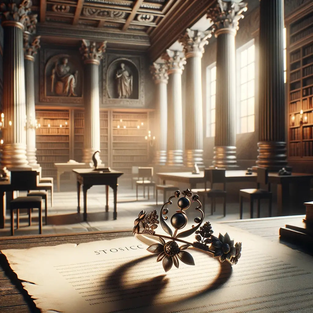 A modern jewelry piece inspired by Stoicism, featuring ancient philosophical motifs, set against a backdrop reminiscent of Roman studies.