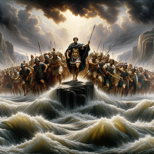 Julius Caesar leading his army across the Rubicon River, an iconic moment in Roman history.