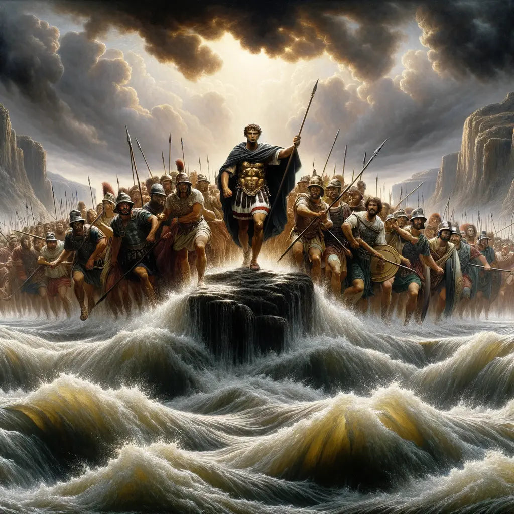 Julius Caesar leading his army across the Rubicon River, an iconic moment in Roman history.