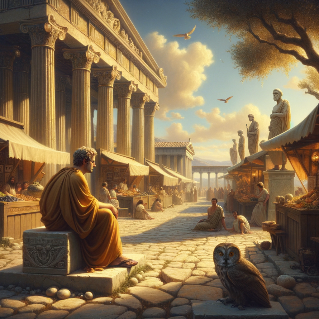 A Stoic philosopher in a serene Greek marketplace, symbolic of wisdom among chaos, styled like a 1960s historical film painting.