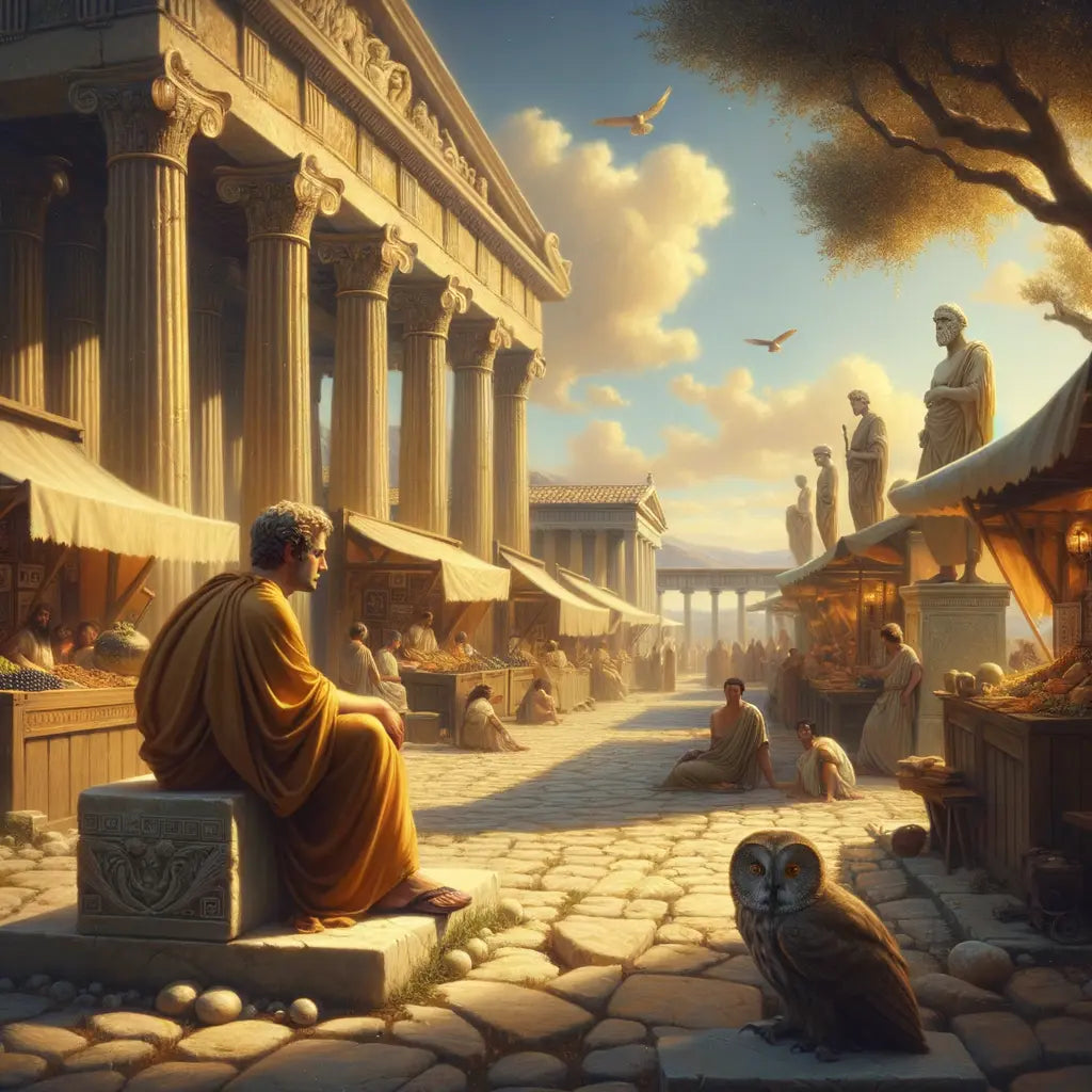 A Stoic philosopher in a serene Greek marketplace, symbolic of wisdom among chaos, styled like a 1960s historical film painting.