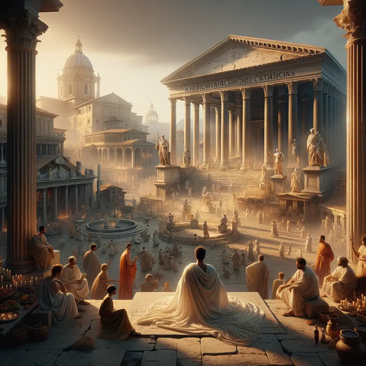 A serene Roman philosopher meditating in the vibrant Roman Forum, surrounded by bustling citizens, in the style of classic 1960s historical films.