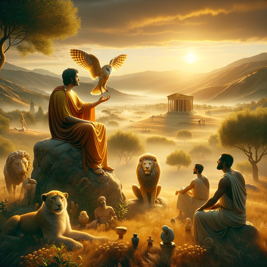 A Roman philosopher practicing mindfulness in a serene natural setting, inspired by 1960s historical epic film style, with symbols of wisdom and courage.