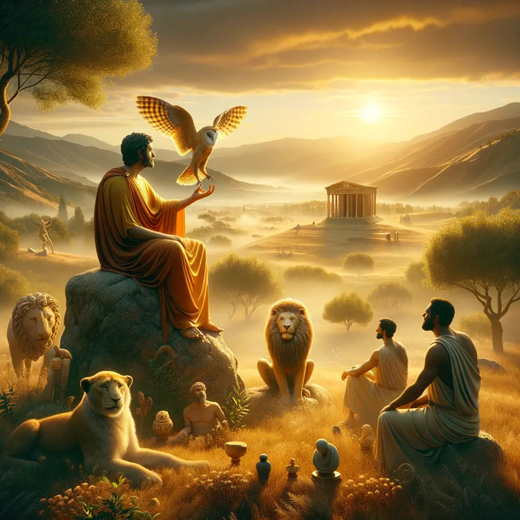 A Roman philosopher practicing mindfulness in a serene natural setting, inspired by 1960s historical epic film style, with symbols of wisdom and courage.