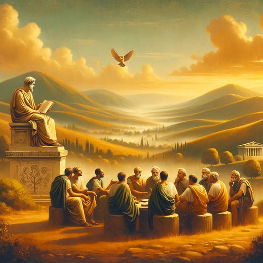 Serene Roman landscape with philosophers in togas amid rolling hills, subtly featuring an ancient philosophical symbol, inspired by 1960s historical film style.