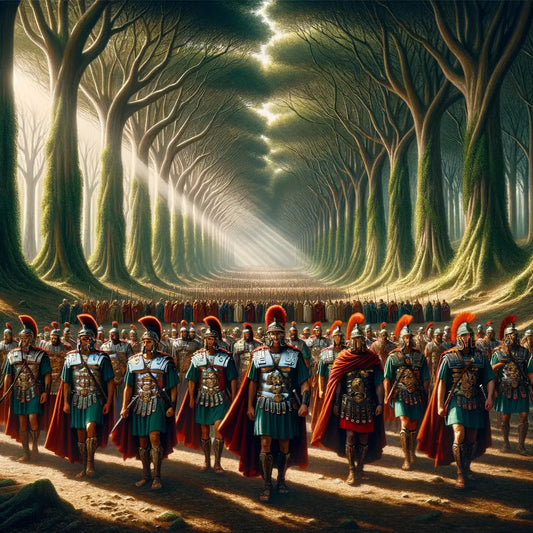 Majestic Roman army marching through a Gallic forest with gleaming armor and dappled sunlight.