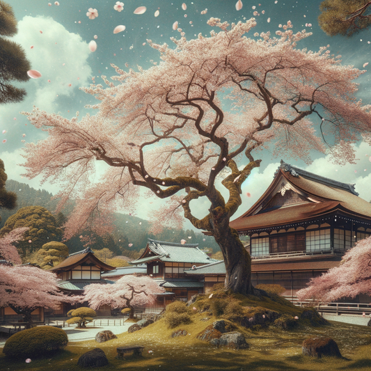 A serene scene of cherry blossoms in full bloom against a backdrop of traditional Japanese architecture
