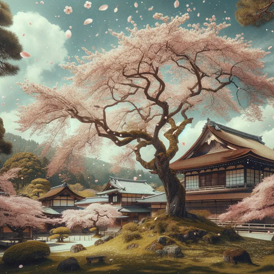 A serene scene of cherry blossoms in full bloom against a backdrop of traditional Japanese architecture