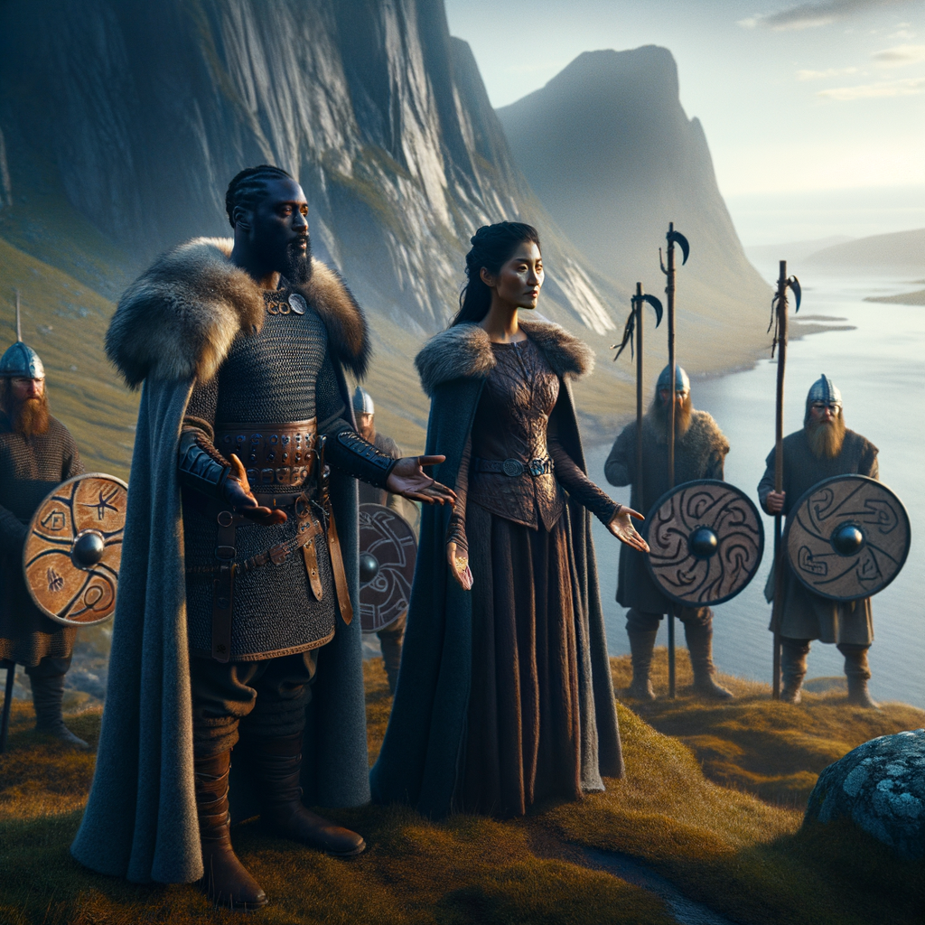 Two Viking leaders greet with mutual respect, surrounded by a Nordic landscape, subtly featuring Ansuz runes.