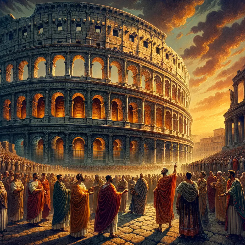 The Colosseum in ancient Rome at sunset, highlighting its architectural grandeur with Romans in togas and soldiers nearby, in a style similar to 1960s historical epics.