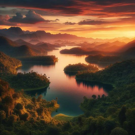 A picturesque sunset scene over a calm lake, with forests and mountains, showcasing nature's beauty.