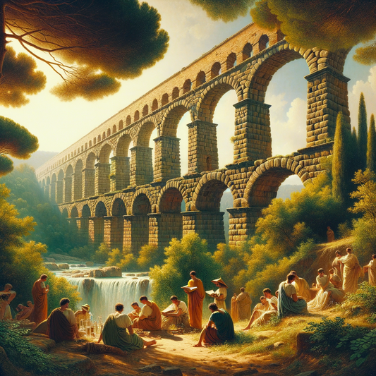 Roman aqueduct surrounded by lush greenery, with Romans in traditional togas, inspired by 1960s historical film style.