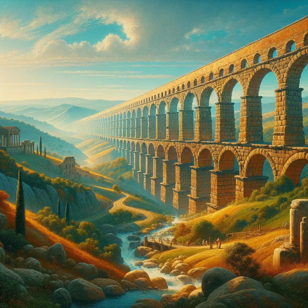Panoramic view of Roman aqueducts spanning the Italian landscape, with elegant stone arches and a bright blue sky, reminiscent of 1960s historical epic films.