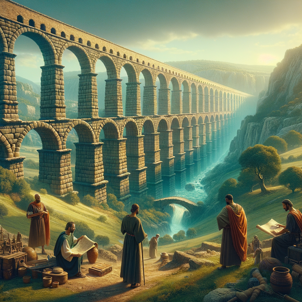 Cinematic painting of a Roman aqueduct with stone arches in a scenic valley, inspired by 1960s historical epics displaying Roman engineering.