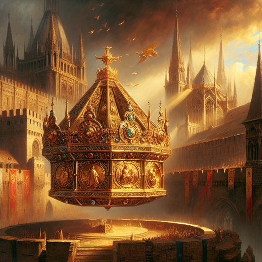 The Imperial Crown of the Holy Roman Empire with its octagonal shape, biblical scenes, and precious stones, set against a medieval European backdrop symbolizing power and faith in a cinematic painting style.