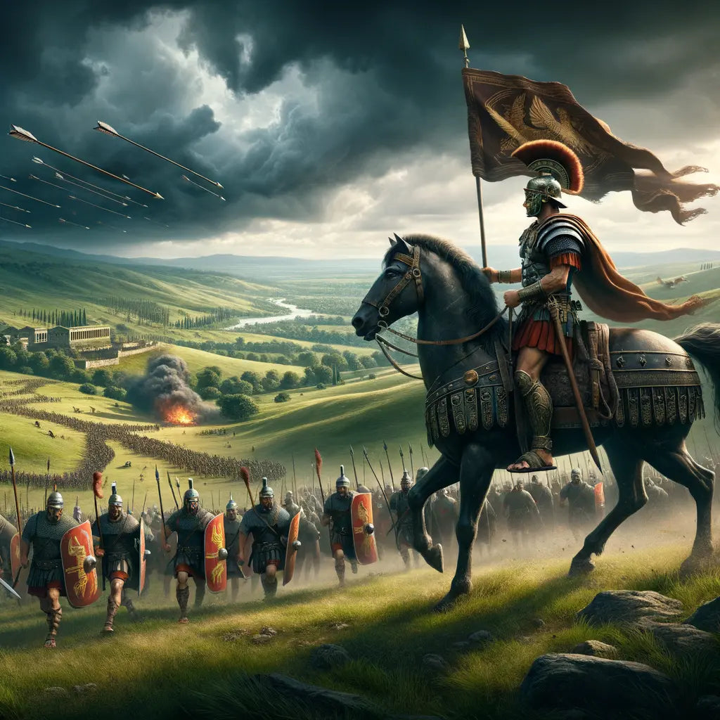 Julius Caesar leading his troops in Gaul with a dramatic sky and a sense of urgency.