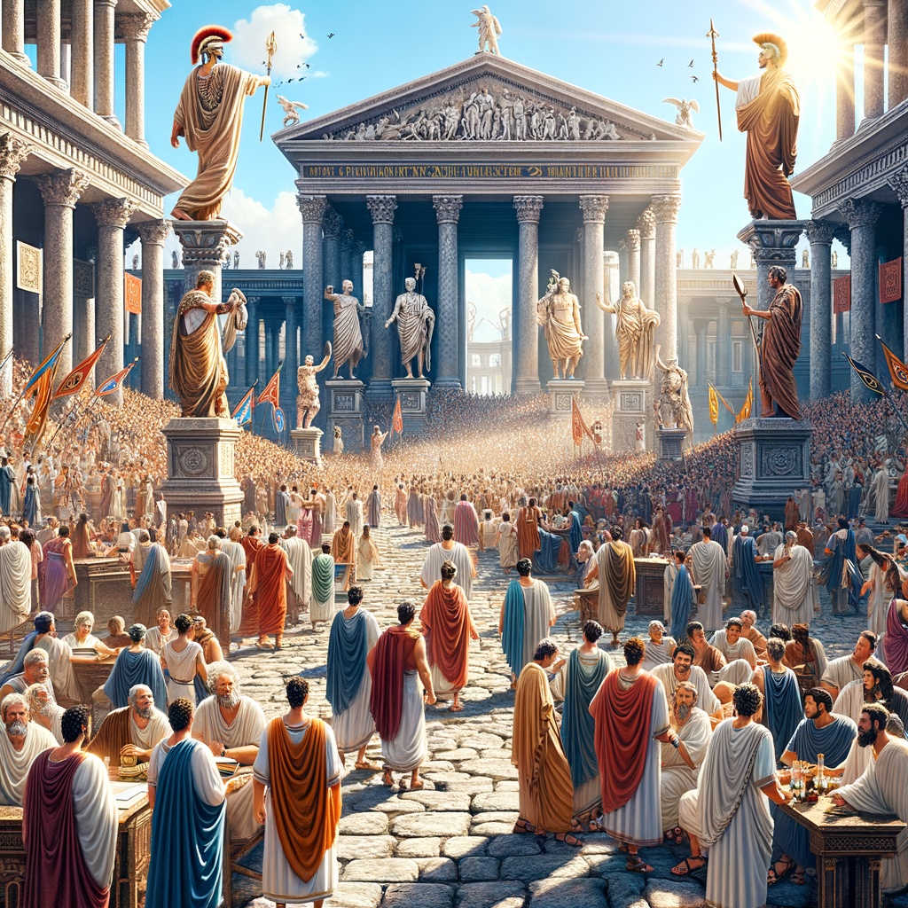 A lively Roman forum with people and statues, capturing the essence of ancient Roman life.