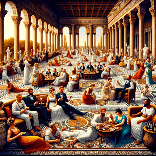 A lavish Roman banquet scene with guests, mosaics, and gardens.