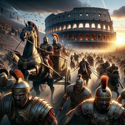 Roman soldiers engaged in battle near a coliseum