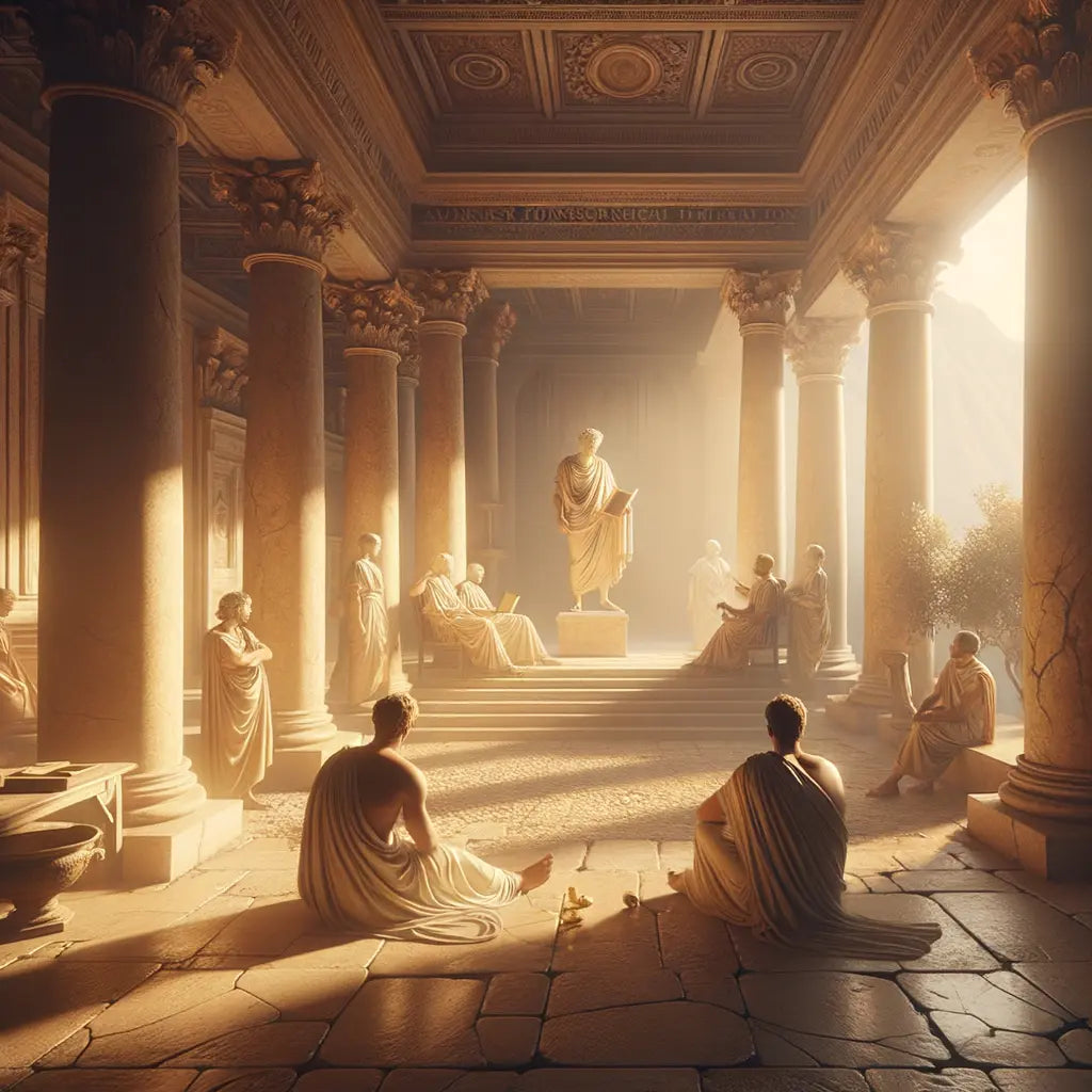 A serene painting of 'Marcus Aurelius' Meditations' book with an ancient Roman backdrop, depicting a thoughtful mood.