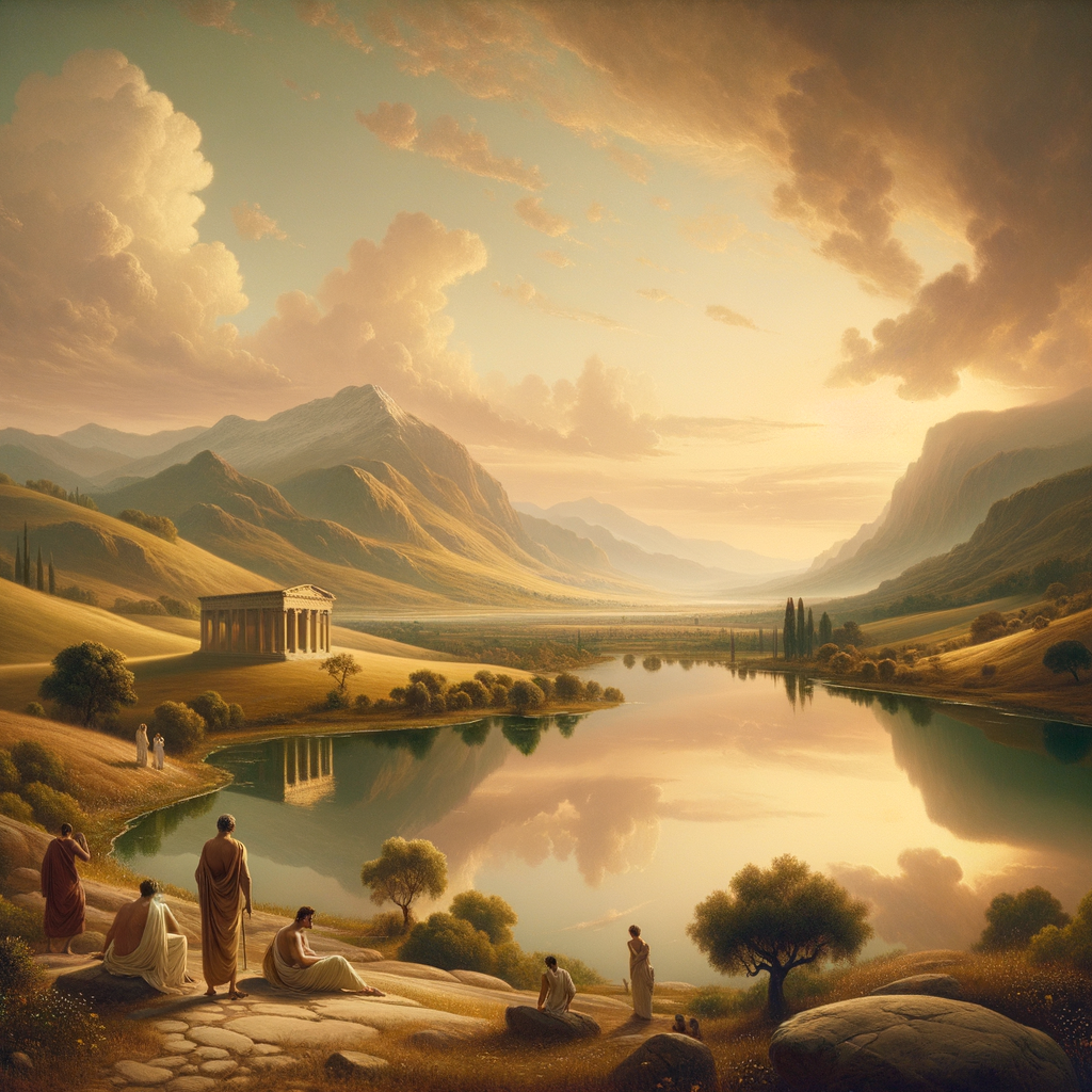 Serene landscape with lake and mountains, evoking Stoic and Biblical balance in 1960s epic style.