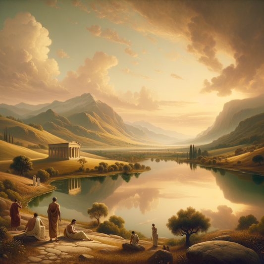 Serene landscape with lake and mountains, evoking Stoic and Biblical balance in 1960s epic style.
